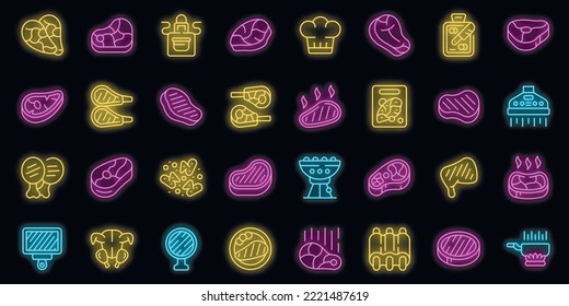 Chop icons set outline vector. Meat rib. Pork bacon neon color on black