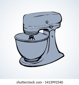 Chop meal stirrer pan stand on white background. Freehand line black ink hand drawn baker whip bitter cup object logo pictogram sketchy in art modern doodle cartoon style pen on paper space for text