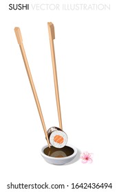 Chop sticks holding a piece of salmon sushi over a small white round bowl of soy sauce. Realistic vector illustration.