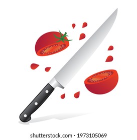 choped tomato with kitchen knife, isolated on white background, vector illustration