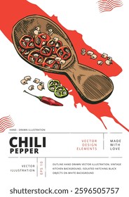 Chopped chili peppers with seeds in a spoon. Outline hand drawn vector illustration. Vintage kitchen background. Isolated hatching black objects on white background.