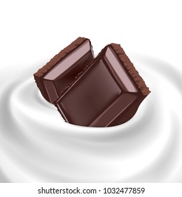 chopped chocolate bar floating in whipped cream or yogurt wave pure vector illustration for milk products and beverage design high quality art