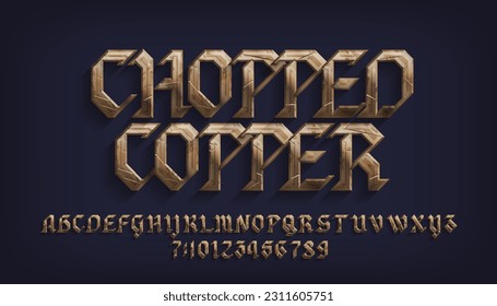 Chopped Copper alphabet font. Distressed metal gothic letters, numbers and symbols. Stock vector typescript for your typography design.