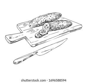 Chopped cucumbers on a cutting board with knife. Cooking in line art style.