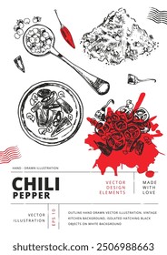 Chopped, dried, crushed and ground chili peppers with seeds. Outline hand drawn vector illustration. Vintage kitchen background. Isolated hatching black objects on white background.