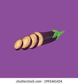 Ilustración de diseño plano del vector de berenjena recortado, Icono de vector plano de estilo cartón, berenjena púrpura o vertederos de berenjena aislados en el fondo. Planta de berenjenas vegetales fresca Ilustración en estilo plano 