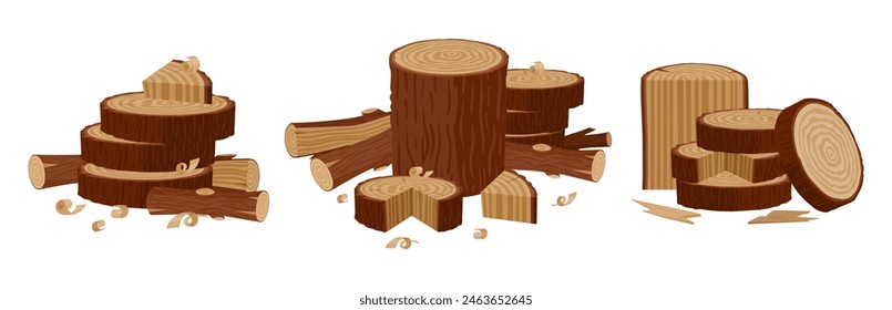 Chopped firewood. Cartoon firewood piles and stacked bonfire firewoods flat vector illustration set. Wooden bonfire logs