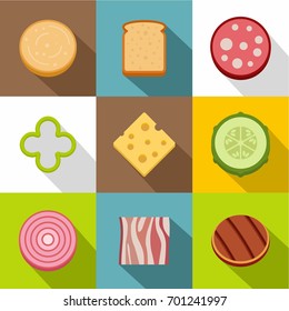 Chopped food icons set. Flat set of 9 chopped food vector icons for web with long shadow