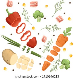 Chopped fresh ingredients for cooking food meat potato pepper carrot vector illustration on white background