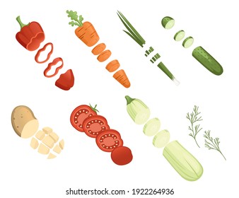 Chopped fresh ingredients for cooking food meat potato pepper carrot vector illustration on white background