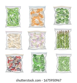 Chopped Frozen Vegetables and Greenery Stored in Plastic Packages Vector Set