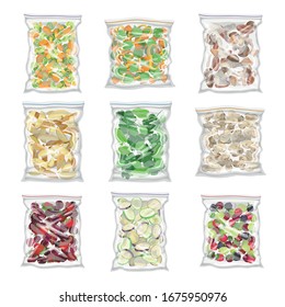 Chopped Frozen Vegetables and Greenery Stored in Plastic Packages Vector Set