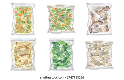 Chopped Frozen Vegetables and Greenery Stored in Plastic Packages Vector Set