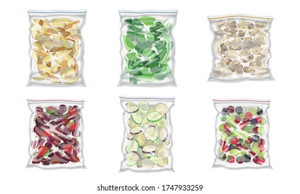 Chopped Frozen Vegetables and Greenery Stored in Plastic Packages Vector Set