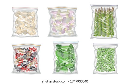 Chopped Frozen Vegetables and Greenery Stored in Plastic Packages Vector Set