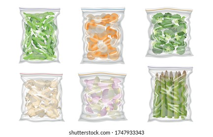 Chopped Frozen Vegetables and Greenery Stored in Plastic Packages Vector Set