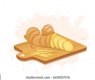 A chopped Ginger vector illustration with ginger pieces on a wooden chopping board