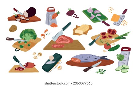 Chopped and grating food. Vegetables or fruits on cutting boards. Sliced ingredients. Dinner cooking. Grinding raw products. Knives and graters. Preparing process. Garish