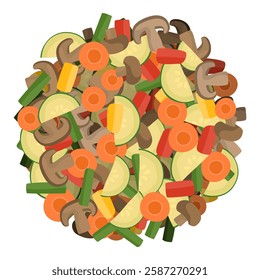 Chopped healthy fresh vegetables arranged in a circle, healthy food and cooking concept, isolated