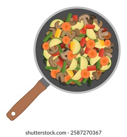 Chopped healthy vegetables in a frying pan top view, isolated