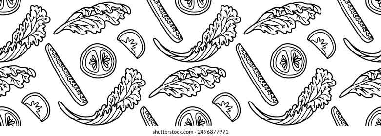 Chopped ingredients for vegetable salad. Cucumber, tomato, lettuce and radish doodle pattern. Harvest vegetable background. Organic vitamin ingredients for cooking food. Vector outline illustration.