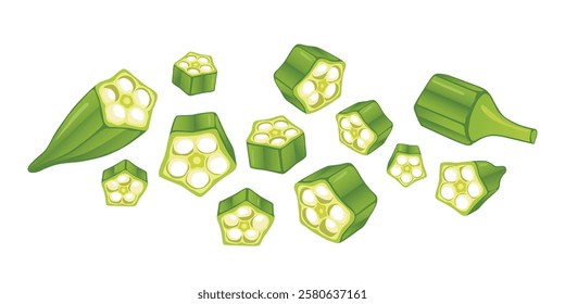 Chopped Lady Fingers or green okras isolated on white background.