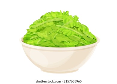 Chopped lettuce leaves in bowl in cartoon style isolated on white background, Healthy raw ingredient, vegetarian dish. 