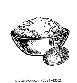 Chopped nutmeg in a bowl. Vector graphics with the image of fragrant spices. A black and white hand-drawn illustration. On a white background. Great for cooking recipes, menus, posters or labels.