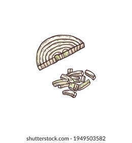 Cebada de cebolla en medio anillo y cubos, dibujo de ilustración vectorial aislado.