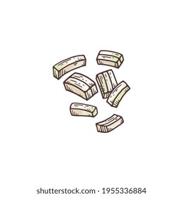 Chopped onion pieces hand drawn engraving vector illustration isolated on white.