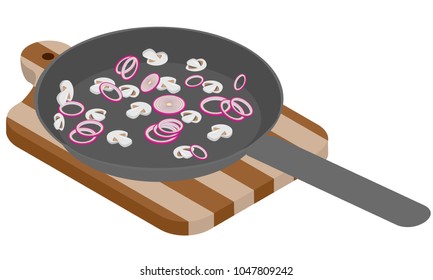 chopped onion rings in cut and mushroom on the frying pan