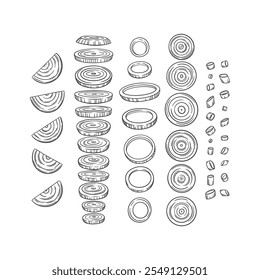 Cebolla picada. Rodajas redondas de cebolla y aros de cebolla.  Vector esboza los cortes de cebolla.