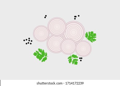 Chopped onions, sliced into onion layers, pepper and coriander vector illustration