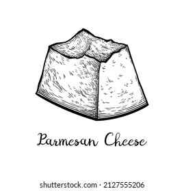 Chopped Parmesan cheese. Ink sketch isolated on white background. Hand drawn vector illustration. Vintage style stroke drawing.
