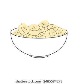 Chopped and peeled banana pieces. Transparent outlined bowl with sliced ​​tropical fruit
in doodle hand drawn style