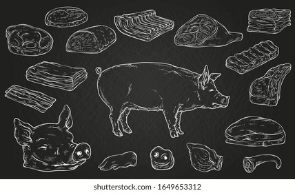 Chopped up pig body parts - white outlines on black background. Butcher shop diagram with pork meat cuts and severed head - flat vector illustration