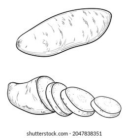 Patata dulce picada o Batata. Ilustración vectorial, aislada en un fondo blanco.