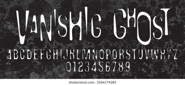 Chopped thin simple font on the theme of ghost, helloween. Set of letters and numbers of the latin alphabet.