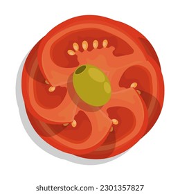 Chopped tomato slices for decorating of salads and meat dishes. Circle shaped tomato vegetable slices. Flat cartoon vector isolated on white background
