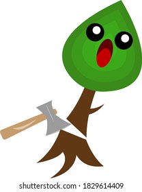 chopped tree cartoon character screaming in pain near sharp ax object on white background concept of illegal deforestation and natural materials