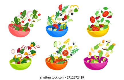 Chopped Vegetable Salad Ingredients Falling Down In The Bowl Vector Set