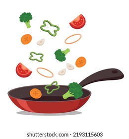 Chopped vegetables fall into the pan. flat style