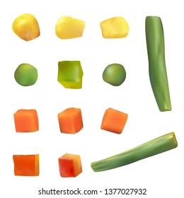 Chopped vegetables isolated. Peas, corn, pepper, carrot, french bean. Realistic vector illustration.