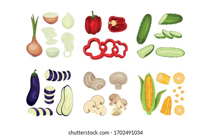 Chopped Vegetables and Mushrooms for Cooking Vector Set