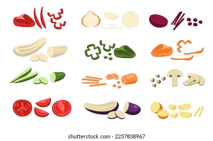 Verduras picadas. Productos de agricultura natural orgánica en rodajas, caricatura de alimentos vegetarianos y vegetales en bruto componentes saludables de bocadillos. Colorido vector conjunto. Productos frescos como berenjena, zanahoria, pepino