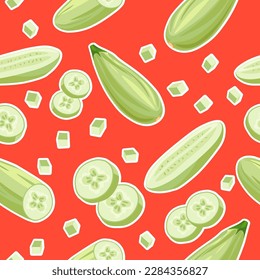 Chopped zucchini vegetable, diced veggie for meal and dish. Ingredients for cooking and preparing meal. Organic and natural product. Seamless pattern, print or background. Vector in flat style