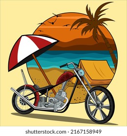 Chopper con fondo de playa para disfrutar del verano, con características de diseño de arte vectorial