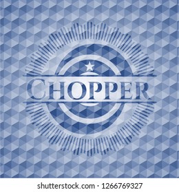 Chopper blue badge with geometric background.