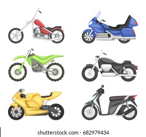 Chopper, cruiser sport bike and others types of motorcycles. Vector illustration set isolate on white background