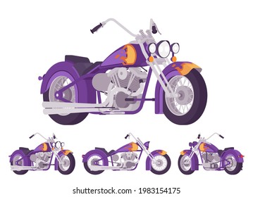Chopper custom fire decor classic motorcycle, bobber bike. Fast motorsport, high speed sport vehicle. Vector flat style cartoon illustration isolated on white background, different views and positions
